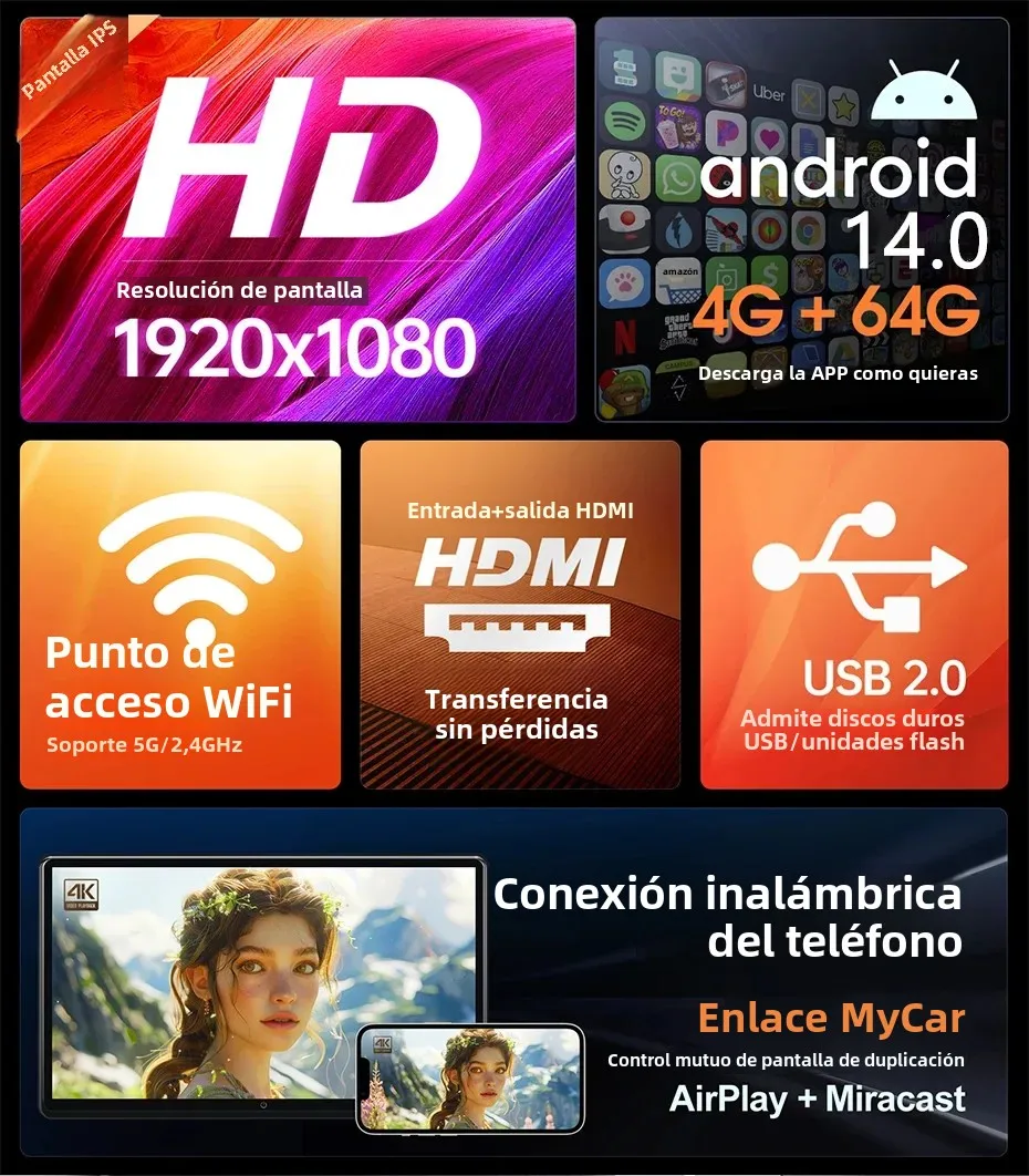 Monitor de reposacabezas de TV para coche de 13,3 pulgadas 4 + 64G Android14.0 4K 1080P pantalla táctil 5G WIFI/Bluetooth/USB/HDMI/FM/reproductor de vídeo con enlace de espejo 3