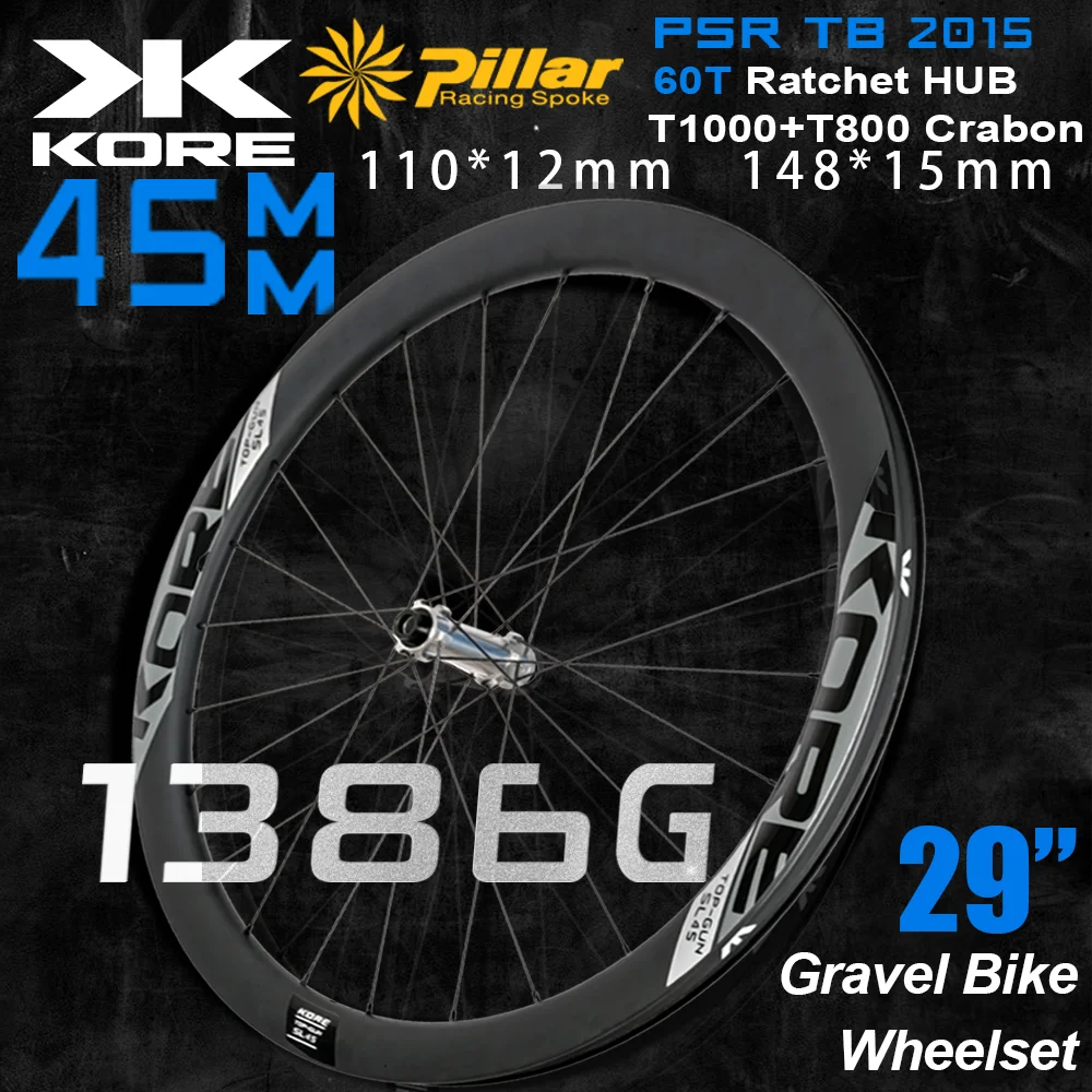 

KORE 29” Wheels Gravel/Road Bike Carbon Wheelset 45mm Rim 60T Ratchet Hub,110x15/148x12 BOOST 24H Pillar Spokes,Bike Accessorie