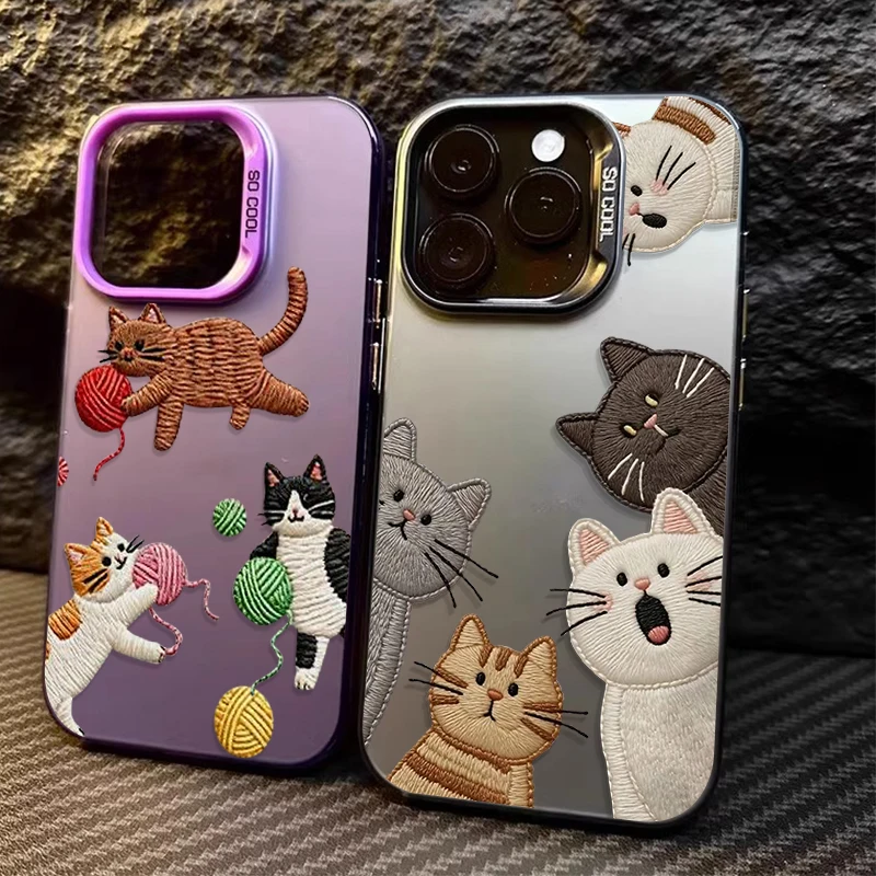 Coque de téléphone antichoc mignonne avec motif de chat brodé pour iPhone 17 Air 16 15 11 12 14 13 Pro Max XS X XR Plus 8 7 SE 2020