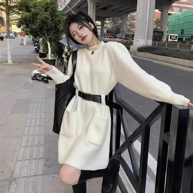 

2026 Autumn/winter Korean-style Thickened Knitted Dress with A Sweater Inside New Stylish Petite Belt Casual Versatile Dress
