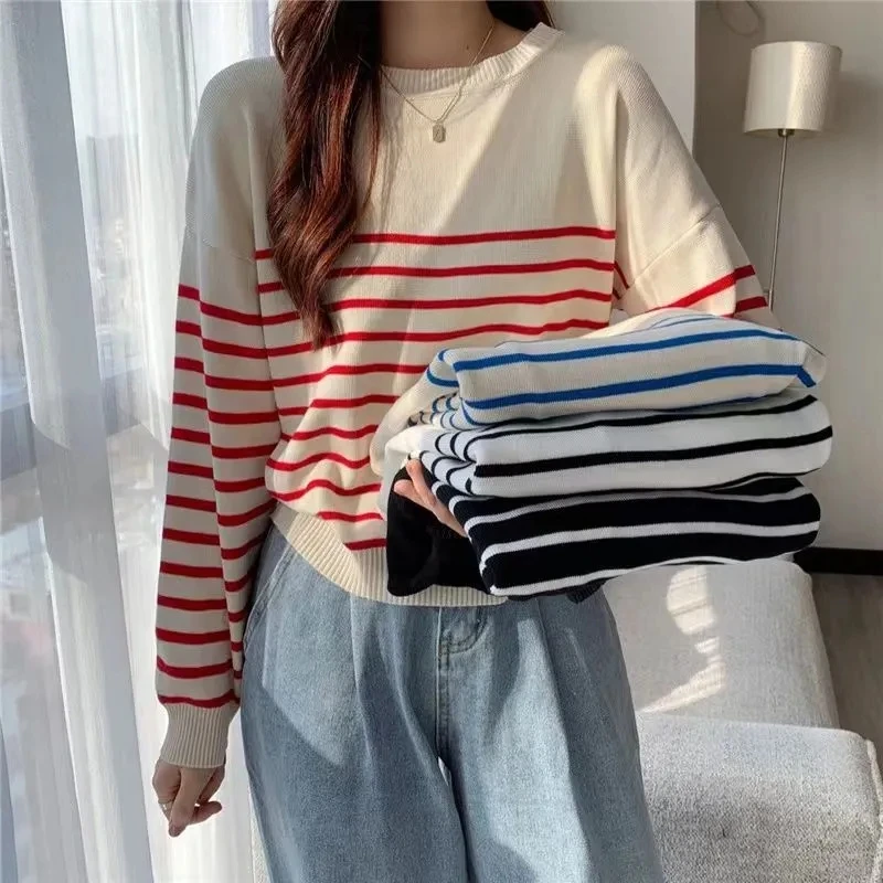 New Women Autumn Winter Clothes Solid Round Neck Sweater Jumper Long-sleeved stripe Knitted Pullovers Shirt Female Tops