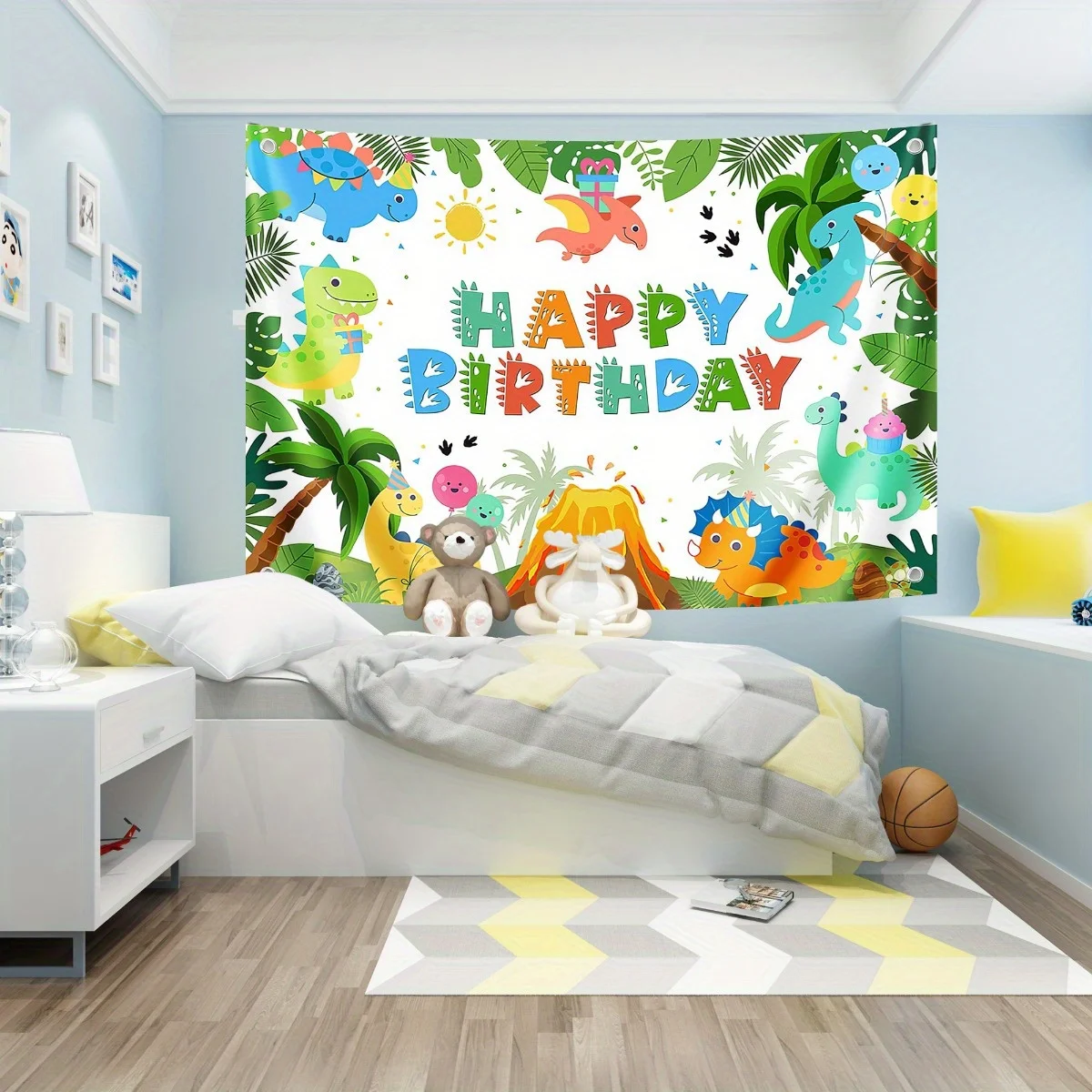 Cartoon Dinosaur Jungle Balloon Cake Volcano Pattern Backdrop - Perfect for Birthday Parties and Outdoor Photography