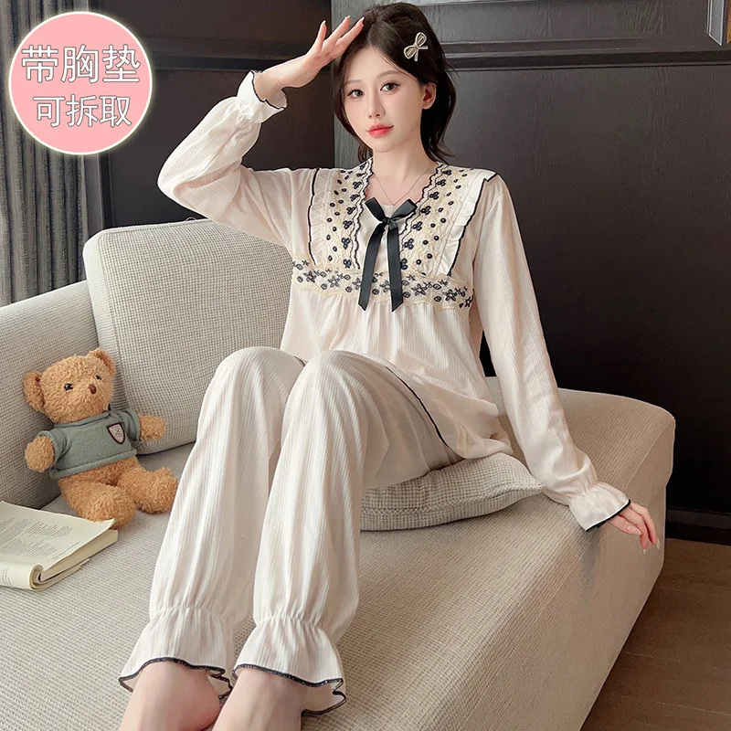 M-5XL женские пижамы больших размеров с нагрудными подушечками, одежда для сна в стиле принцессы, весенние хлопковые брюки с длинными рукавами, свободная домашняя одежда