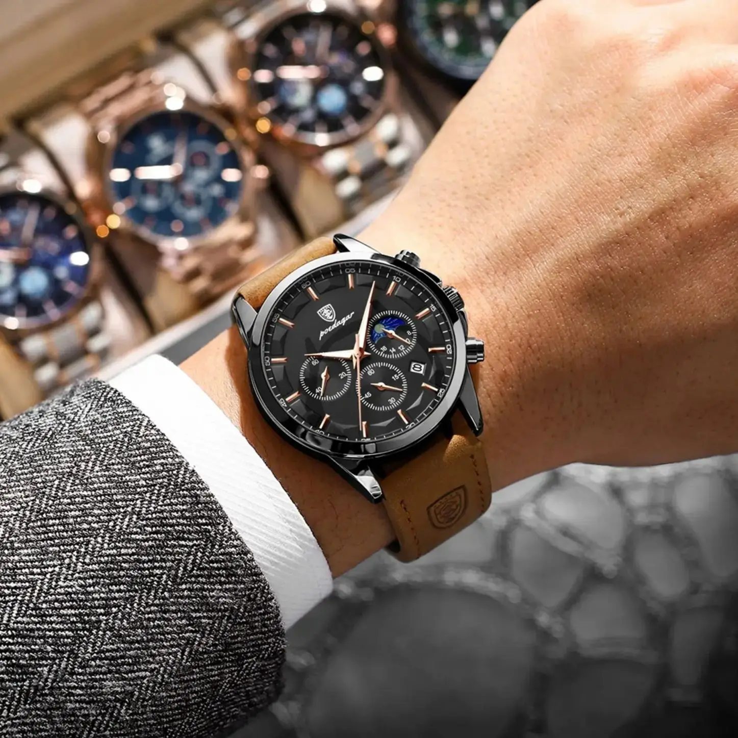 POEDAGAR Fashion Business Men Quartz Watch Waterproof Chronograph Luminous Date Man Wristwatch Leather Men\'s Watches Clock Reloj