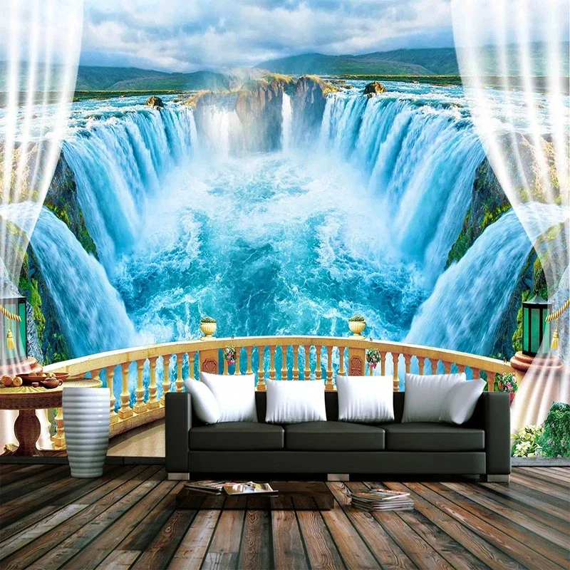 Custom Mural 3D Window Balcony Lake Waterfall Nature Landscape Poster Photo Wall Paper For Living Room Bedroom Papel De Parede