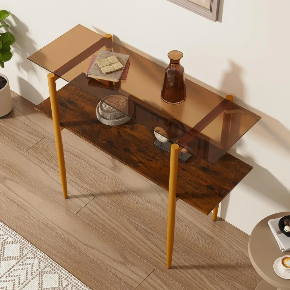 

Glass Sofa Table, Mid-Century Modern Entryway Table with Tempered Glass & Golden Legs, 2-Tier Behind Couch Table for Living Room