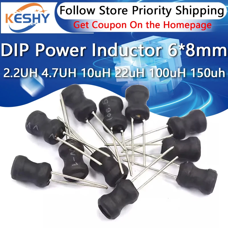 10Pcs DIP Power Inductor 6*8mm 2.2UH 4.7UH 10uH 22uH 100uH 150uh 220uH 330uH 470uH 1MH 2.2MH 4.7MH 10MH Inductance 6X8mm 2 Pins