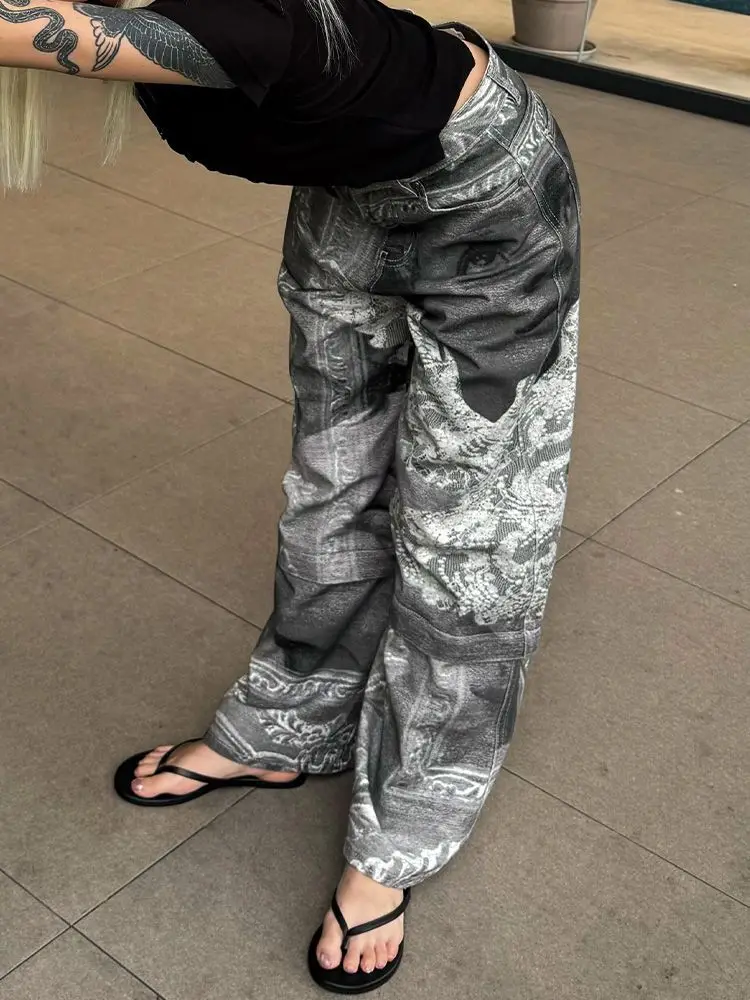 女性のグレープリントジーンズカーゴだぶだぶ Y2K 日本原宿ハイストリート美的ヴィンテージ 2000S カジュアルパンツジーンズ服新しい