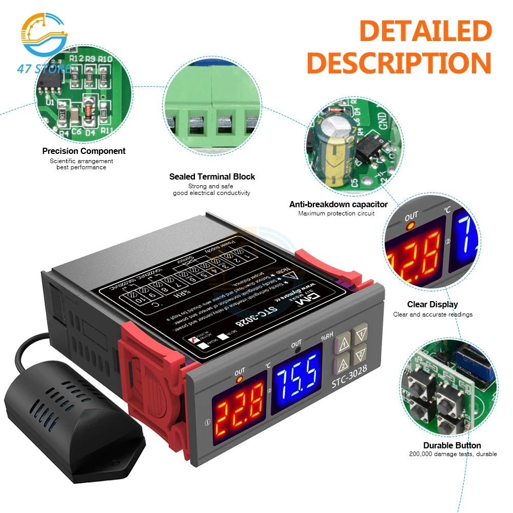 

STC-3028 Temperature Controller Red/Blue Dual Display And Dual Relay Output Temperature Humidity Controller AC 220V DC 12V 24V