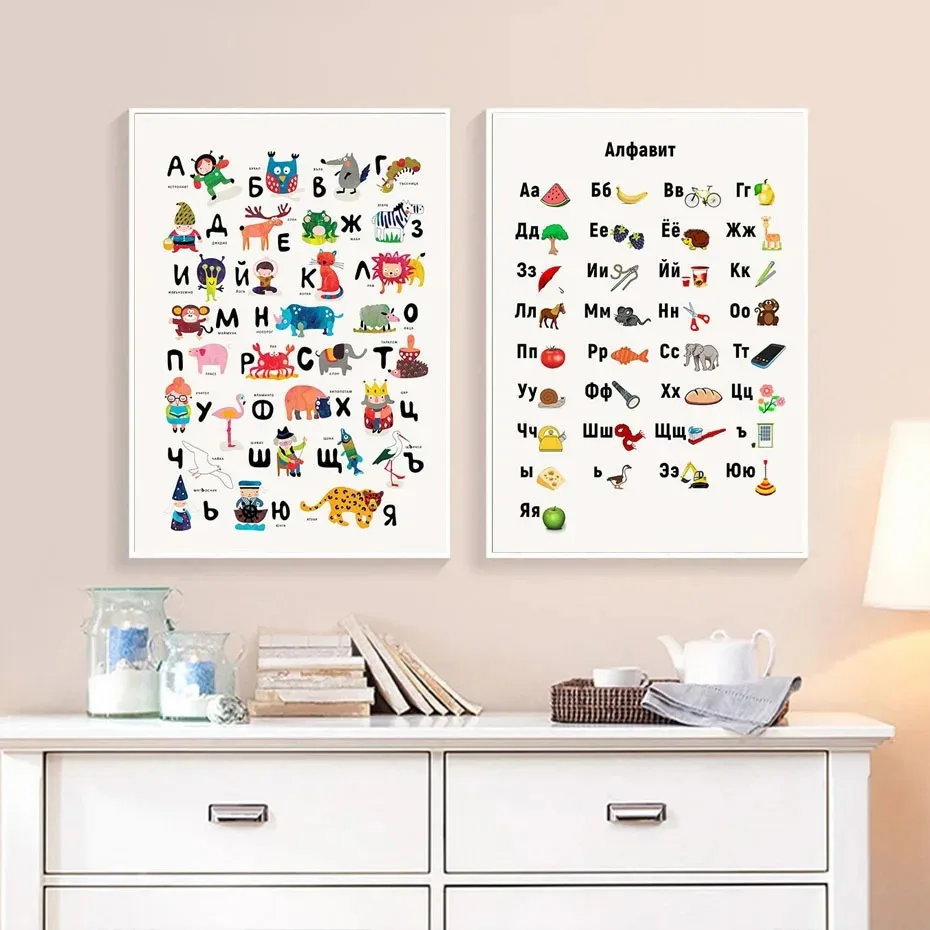 Russian ABC Alphabet Wall Art Poster Baby Nursery Animals Letter Canvas Painting Language Educational Picture Kids Room Decor