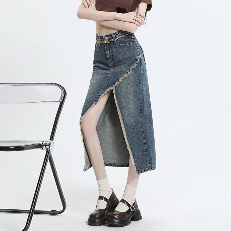 

Women's High Waist Irregular Denim Skirts Summer Mid Length A-Line Ragged Edge Split Denim Skirt Retro Wrapped Hip Jeans Skirt