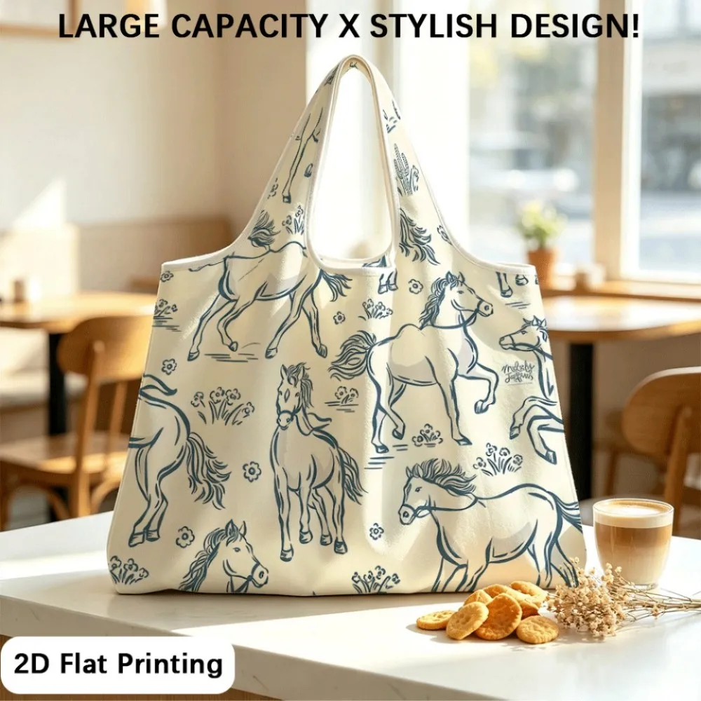 Blue horse line floral cute print Convenient foldable shoulder tote, ideal for daily shopping trips.