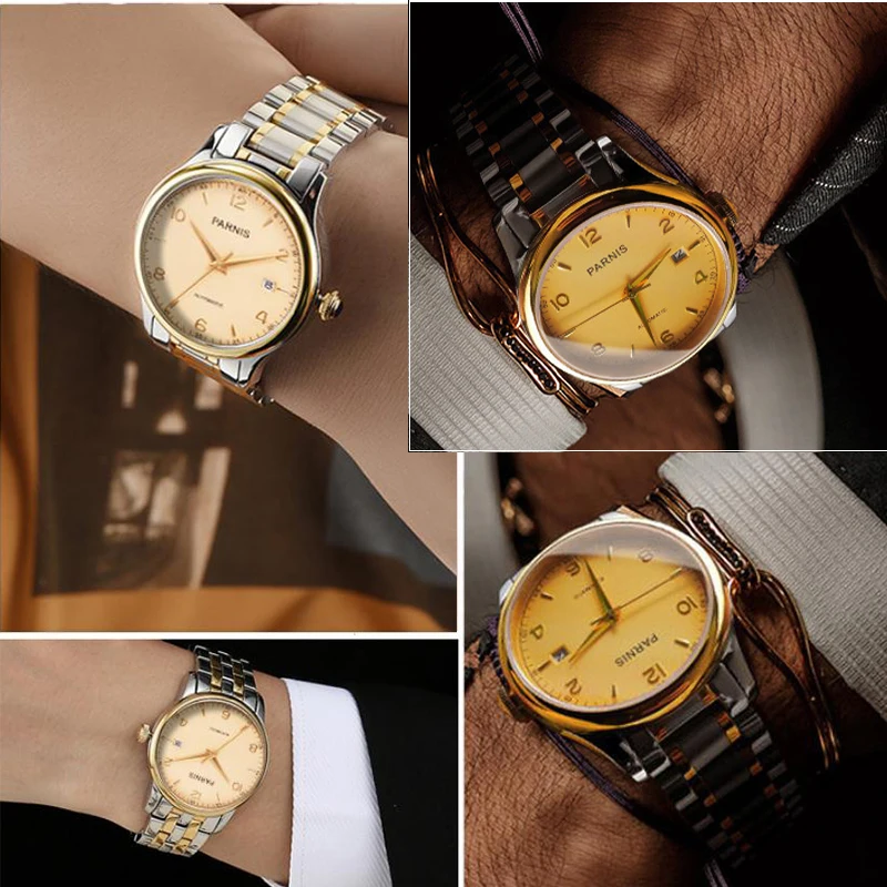 38mm Parnis Miyota Relógio Masculino Automático Pulseira de Aço Inoxidável com Vidro Safira