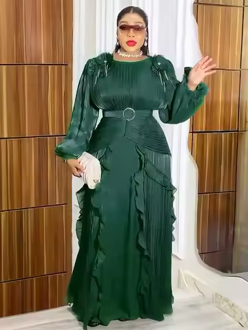 Autumn Clothes Dress for Women Evening Mother Birthday Maxi Dress Plus Size Long Sleeve Chic and Elegant Pleated Dress Straight