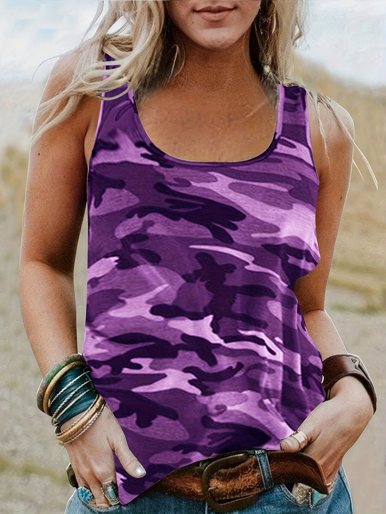 Kamuflażowy nadruk O Neck Lady Kamizelki Podstawowe elastyczne podkoszulki Casual Vintage Bez rękawów Camisole Odzież damska Lato 2024 Trend — zdjęcie 3