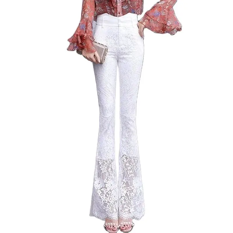 

2023 New Summer Women Pants Fashion Hollow Lacebell-Bottoms Pants Women High Waist Slim Casual Pants Ladies White Trousers Pants