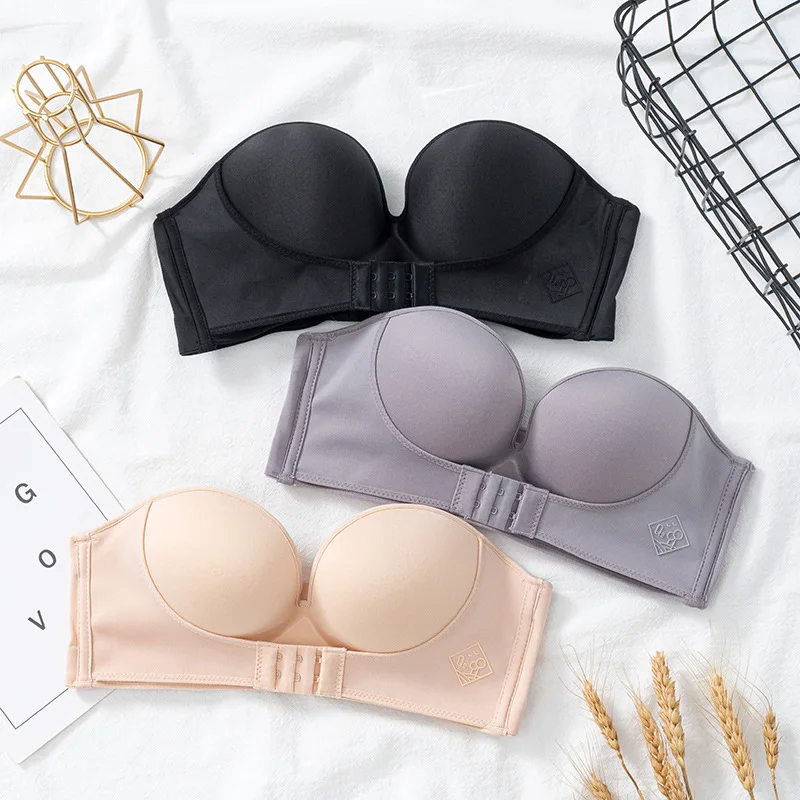 Strapless gathered  bra large chest small no steel ring sexy underwear female anti-walking light beauty back bra wholesale