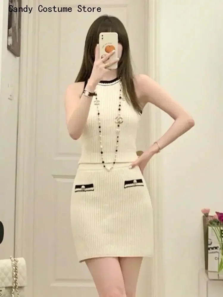 Knitted Two Piece Set  New Spring Summer Korean Chic For Women Sweater Top   Mini Skirt Sets Fashion Casual Two Piece Suits