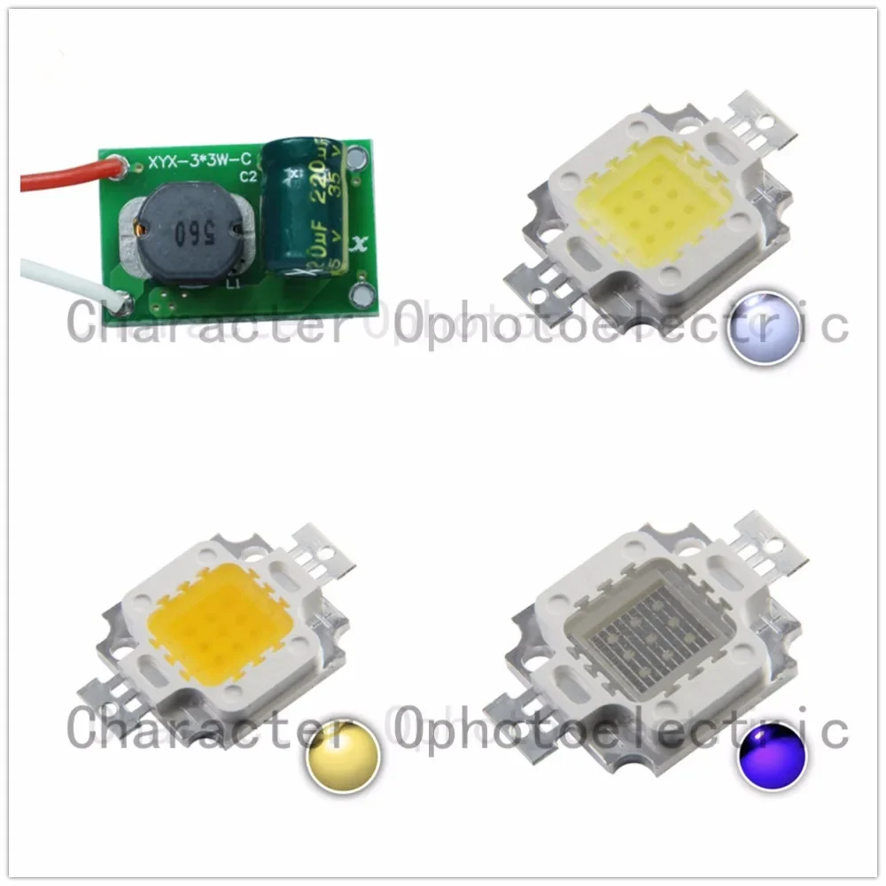 1set 10W LED Cool /Warm White blue/royal blue/uv 10000 20000k 30000k High Power LED + 12v 24v 10w 900ma led driver