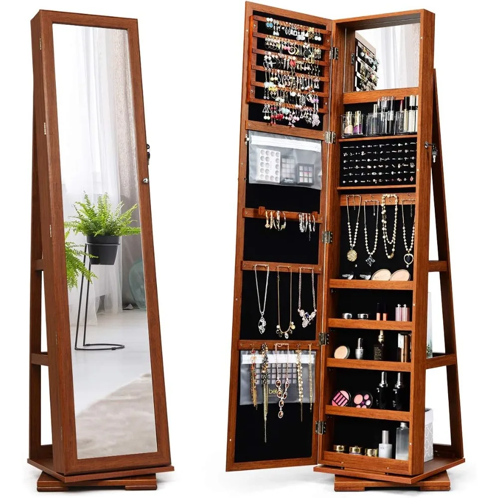 360° Swivel Jewelry Armoire with Higher Full Length Mirror, Standing Lockable Jewelry Cabinet Organizer w Large Storage Capacity