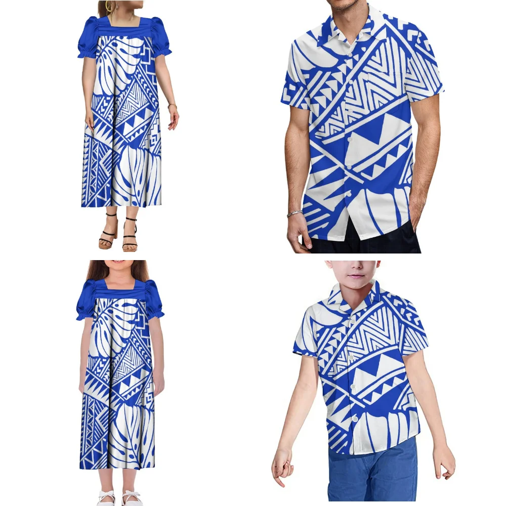 Polynesian Square-Neck Puffed Sleeve Design Women'S Mumu Dress Girls Dress Men'S Shirt Boys Shirt Family Party Set 4-Piece Set