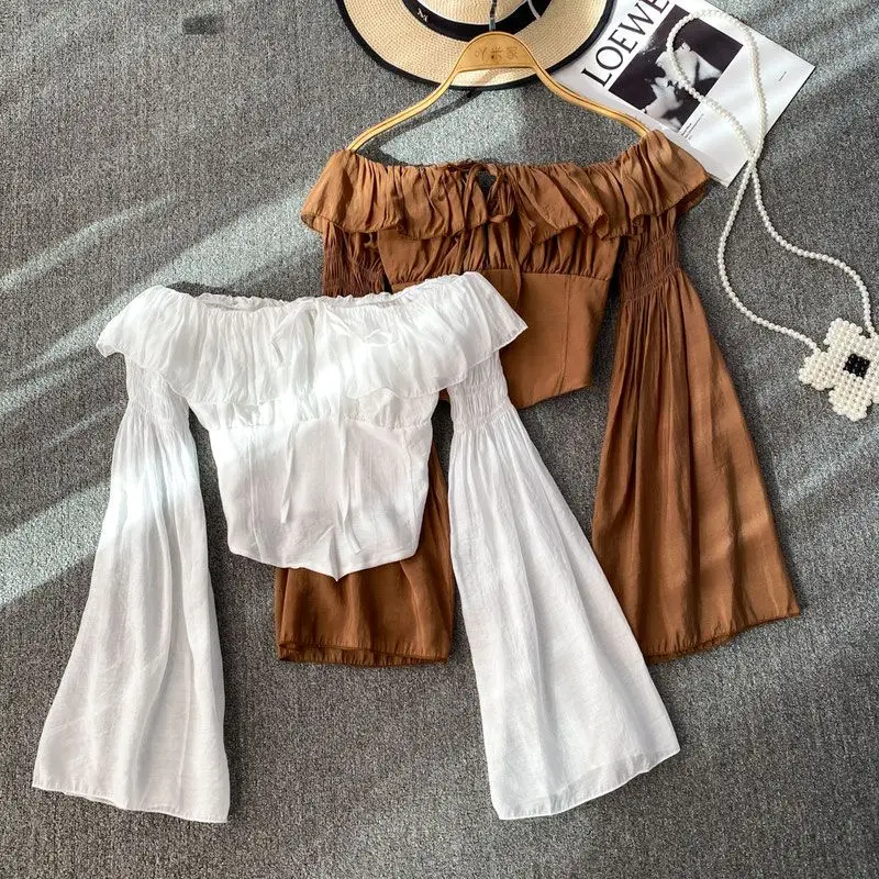 Women's French Elegant Off Shoulder Shirt Women Sweet Fashion Long Sleeve Blouse Casual Slim Fit Ruffle Hem Cropped Tops New