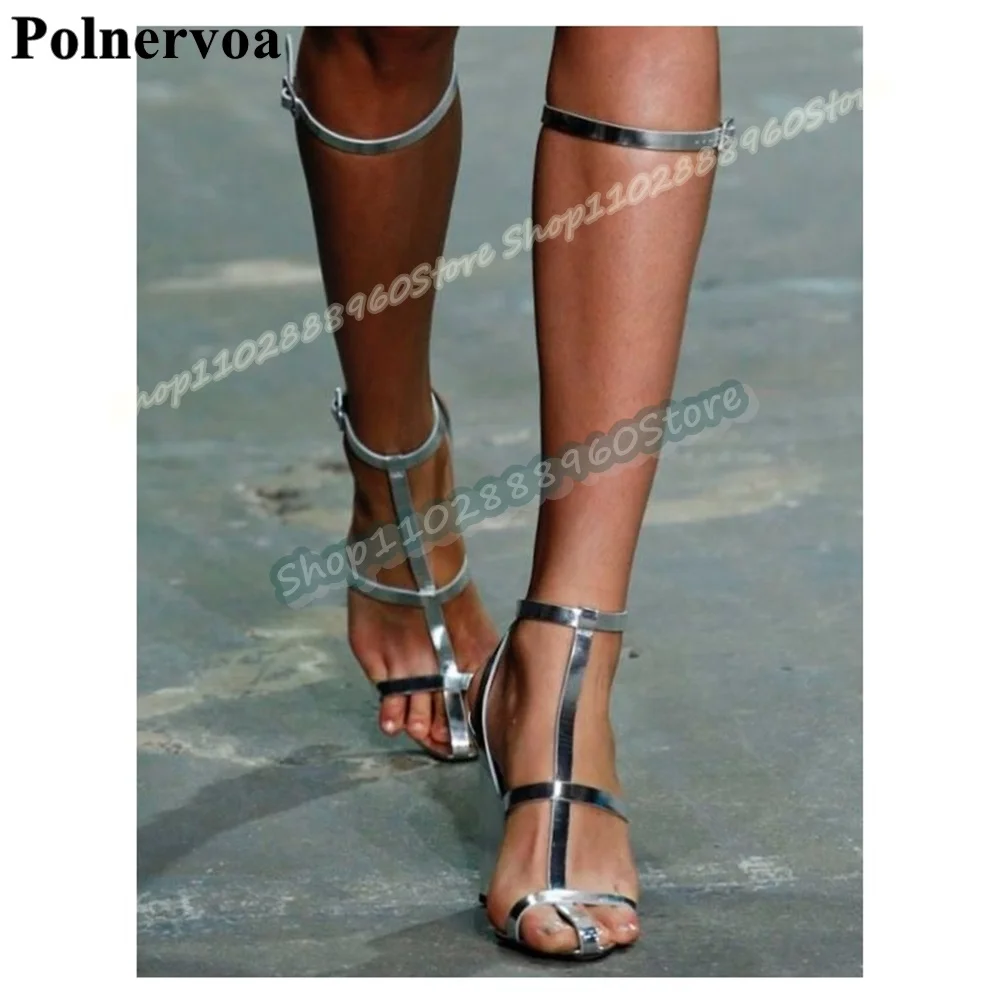 الركبة عالية الأبيض الجلود T حزام الصنادل رقيقة أحذية عالية الكعب للنساء مشبك حزام أشار تو أنيق Zapatos Para Mujere #5