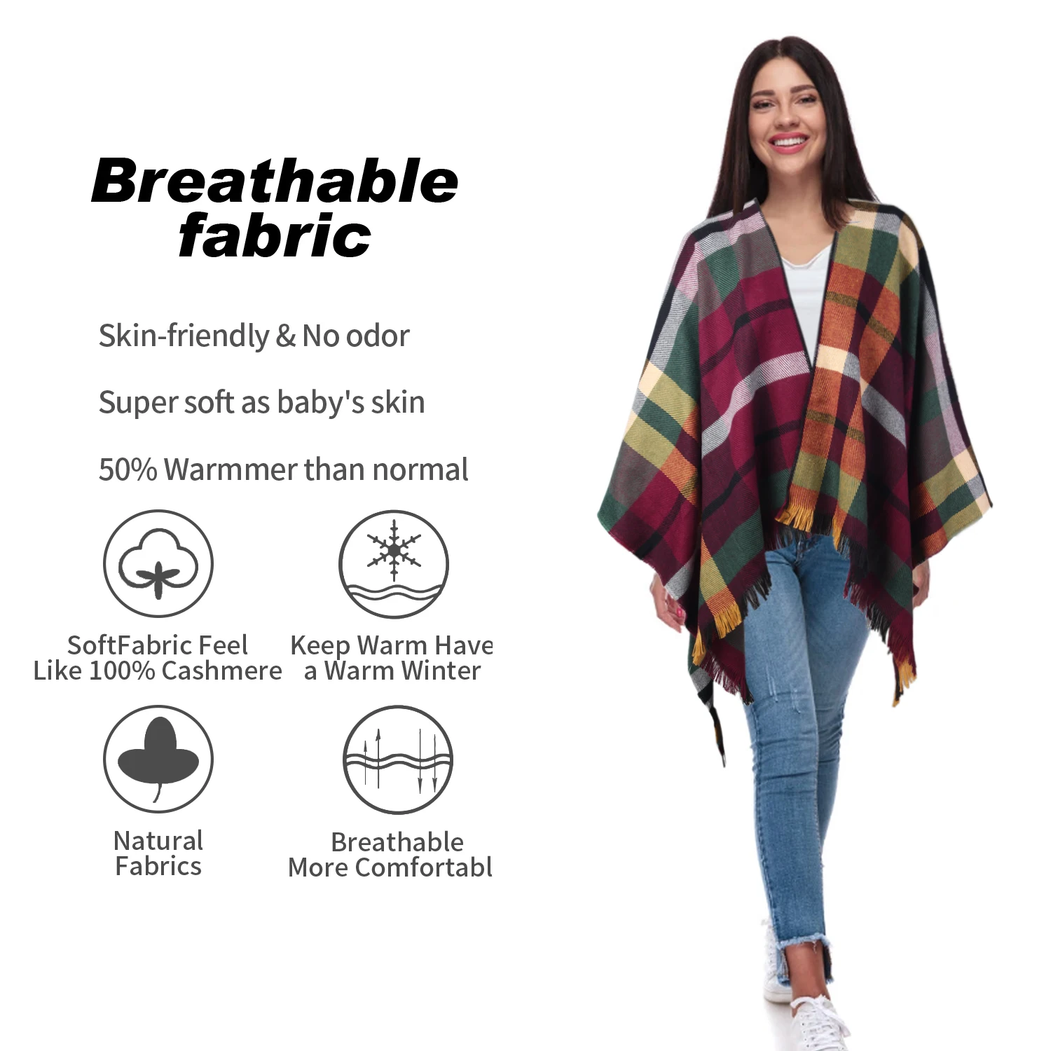 SIEPAKE Women\'s Shawls Wraps Red and Black Check Poncho Sweater Cape Blanket Open Front Scarf Coat for Fall Winter for Women