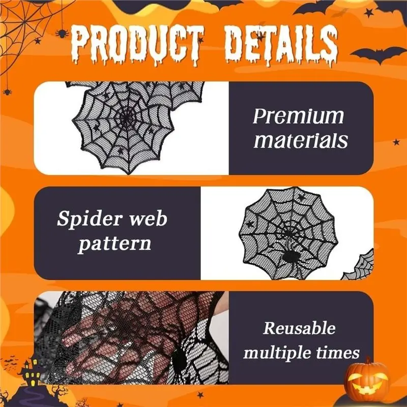TKOH-Black Lace Halloween Table Runner 13X72inch 2Pcs Spider Web Design For Dining Table, Mantle Counter, Party Decorations Mant