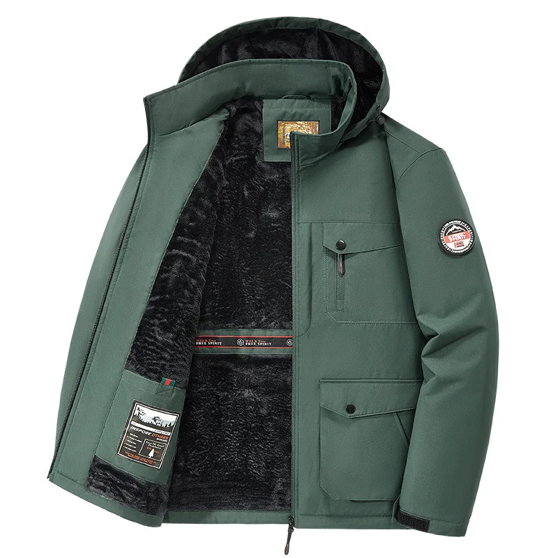 Men's winter Japanese workwear with thick velvet, warm and loose hooded casual versatile multi pocket workwear jacket jacket