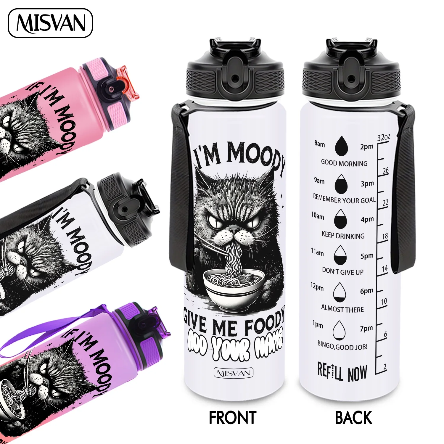 

Бутылка для воды 32 унции с индивидуальной гравировкой, дизайн «Злой кот: Время для лапши», для ежедневного увлажнения организма, для спортзала, активного отдыха и велоспорта, 1 шт.