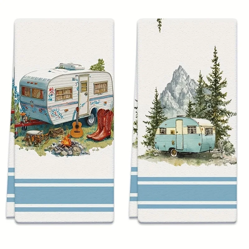 2Pcs Vintage Rv and Mountain Scene Dish Towels, 45.72X 66.04cm - Absorbent Kitchen Towels with Guitar and Campfire Design, Perfect for Home, Outdoor, and Party Decorations, Camping Decor