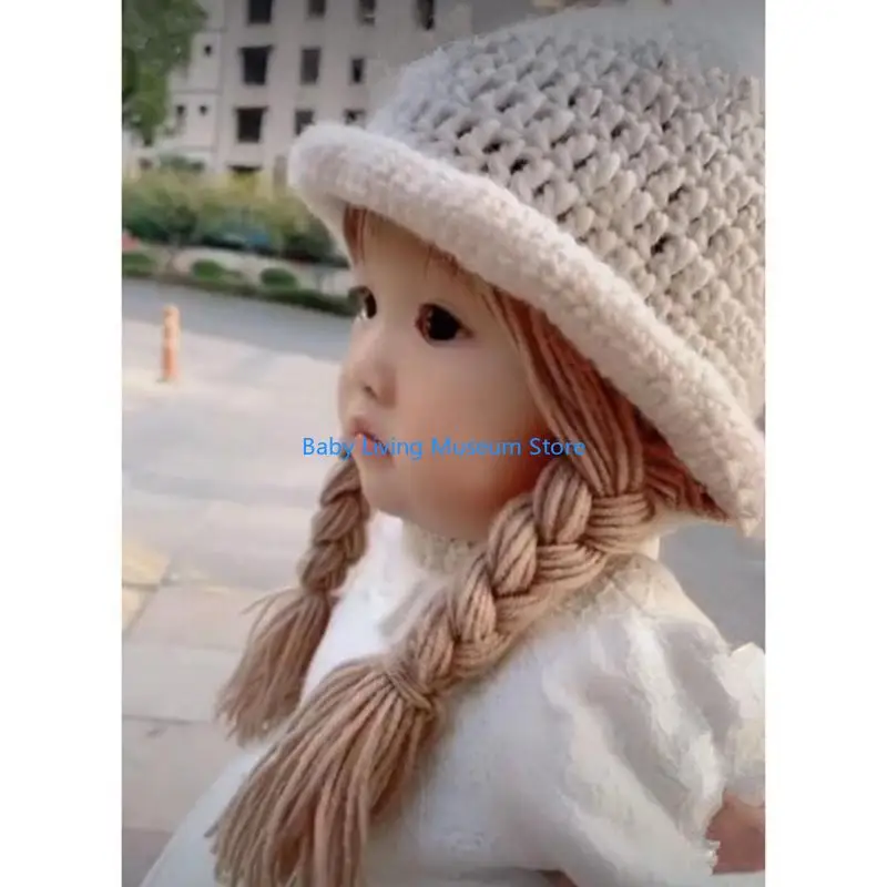 

P31C Handmade Knitted Baby Girls Hat Newborn Wigs Brades Kids Crochet Plaits