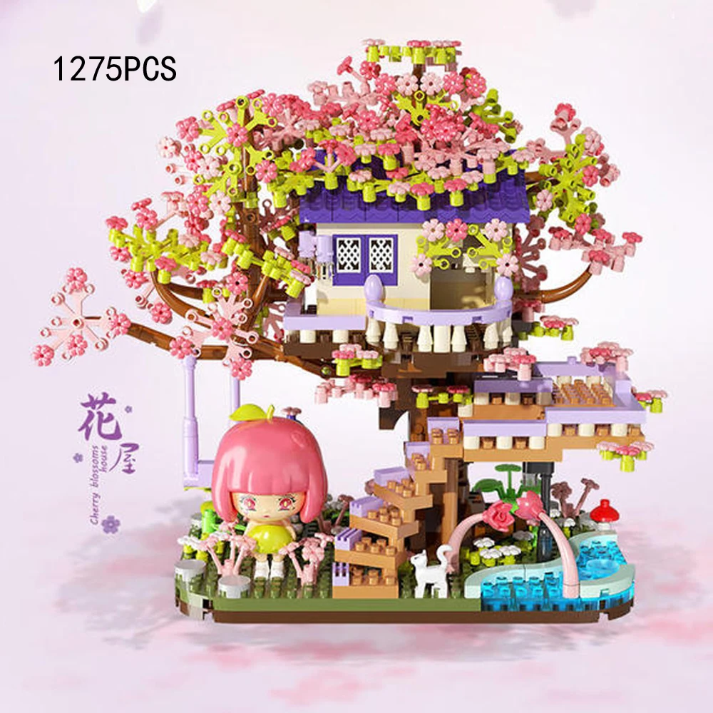 

Creative Micro Diamond Block Cherry Blossom Flower House Building Brick Treehouse Streetscape Construction Toys Nanobrick