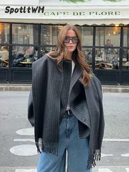 Causal Fashion Striped Scarf Collar Short Jacket Women Wool Blend Single Breasted Crop Coat 2024 New Autumn Street Warm Outwear