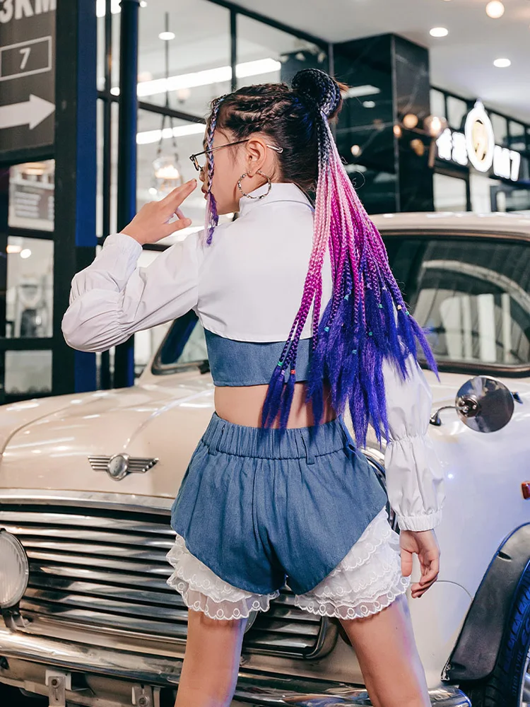 Street Jazz Dance Abbigliamento per bambini K-pop Abiti da palcoscenico Blu Bianco Moda Abiti fantastici per ragazze Sfilata di sfilate