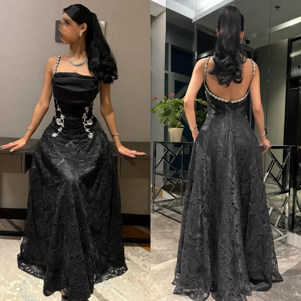 맞춤형 우아한 패션 레이스 라인스톤 플리츠 A라인 스파게티 스트랩 롱 드레스 맞춤형 행사 드레스 사이즈 가능
