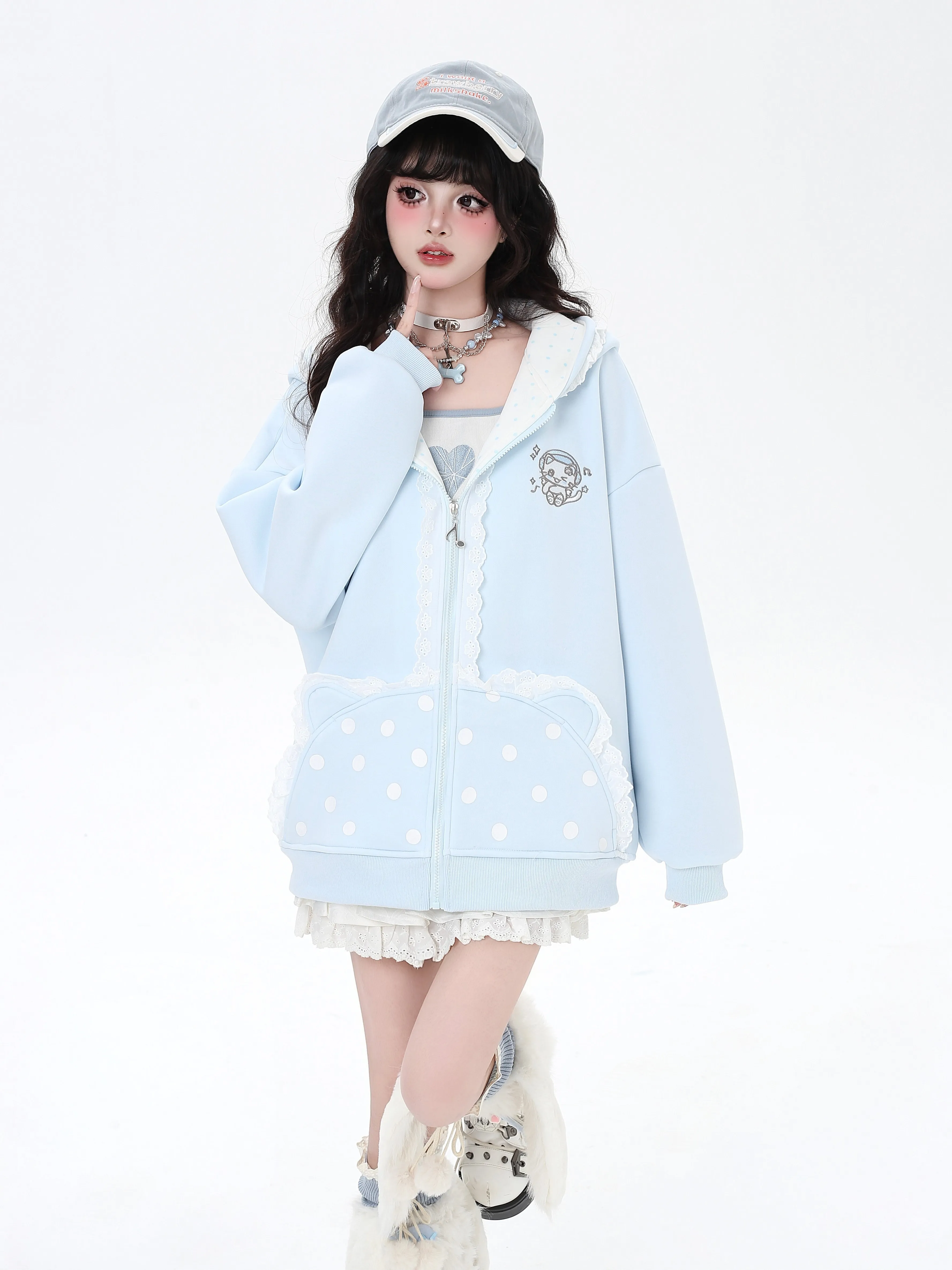 Cartoon Cat Embroidered Lace Patchwork Pocket Sweet Cute Bow Hooded Loose Casual Fleeced Sweatshirt Jacket for Women Autumn