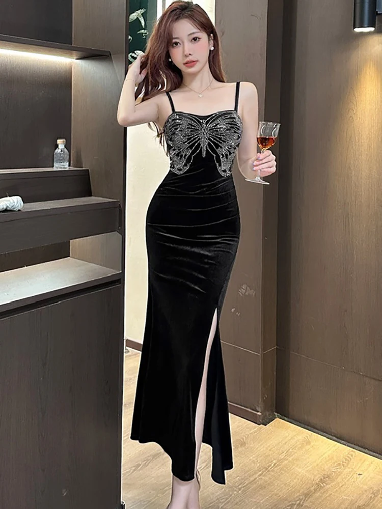 Women Red Velvet Diamonds Butterfly Square Collar Sling Dress 2025 Korean Vintage Luxury Evening Dress Autumn Elegant Prom Dress