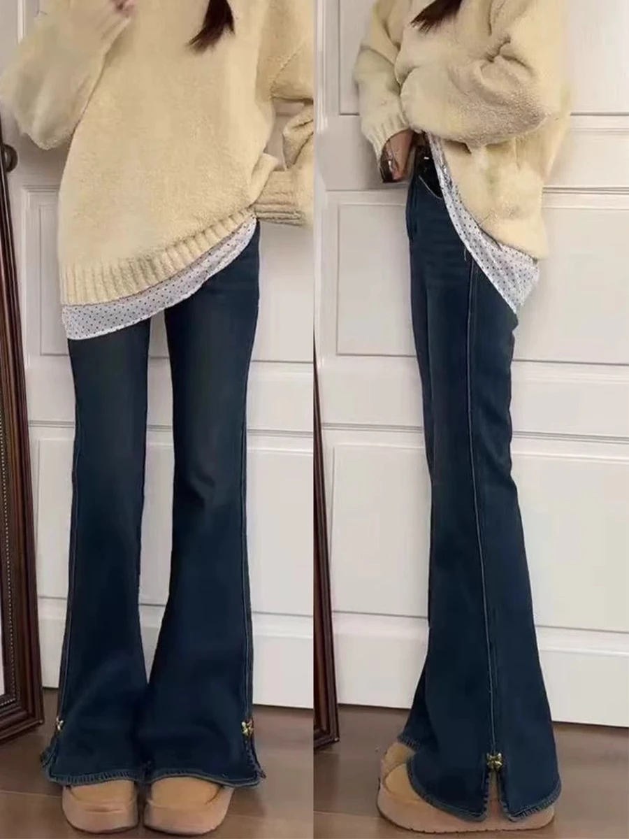 

High Waist Flared Jeans Women's Spring Autumn plus Size Elastic Slit Denim Pants Straight Leg Trousers for Pear Shaped Body