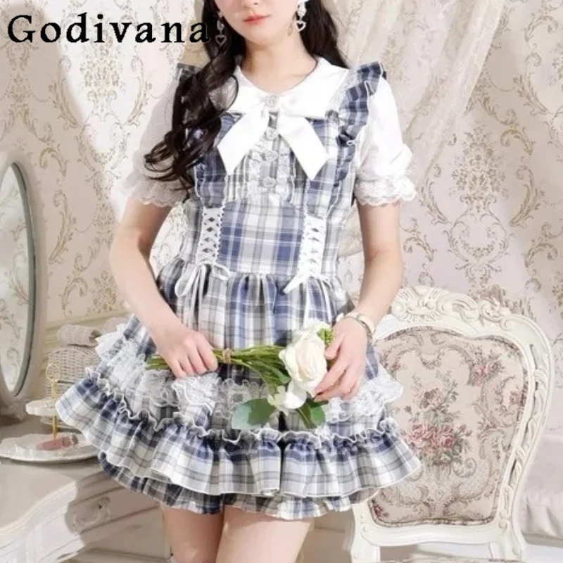 

Mine Sweet Lolita Style Dress Set Summer New 2025 Japanese Girls Cute Bow Lace Plaid Top Shorts Two-piece Set Womens Outifits