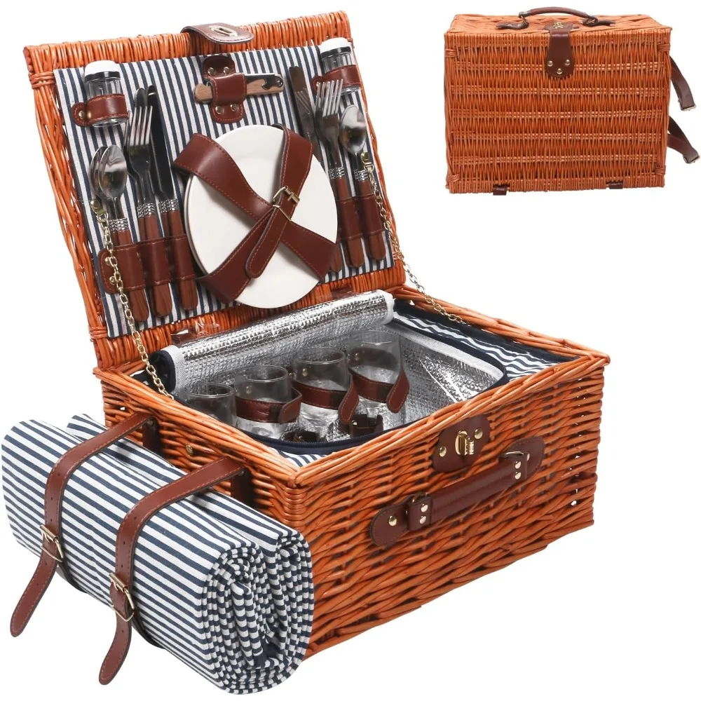 Willow Picnic Basket for 4 Persons with Insulated Compartment, Picnic Basket Sets with Utensils Cutlery Perfect