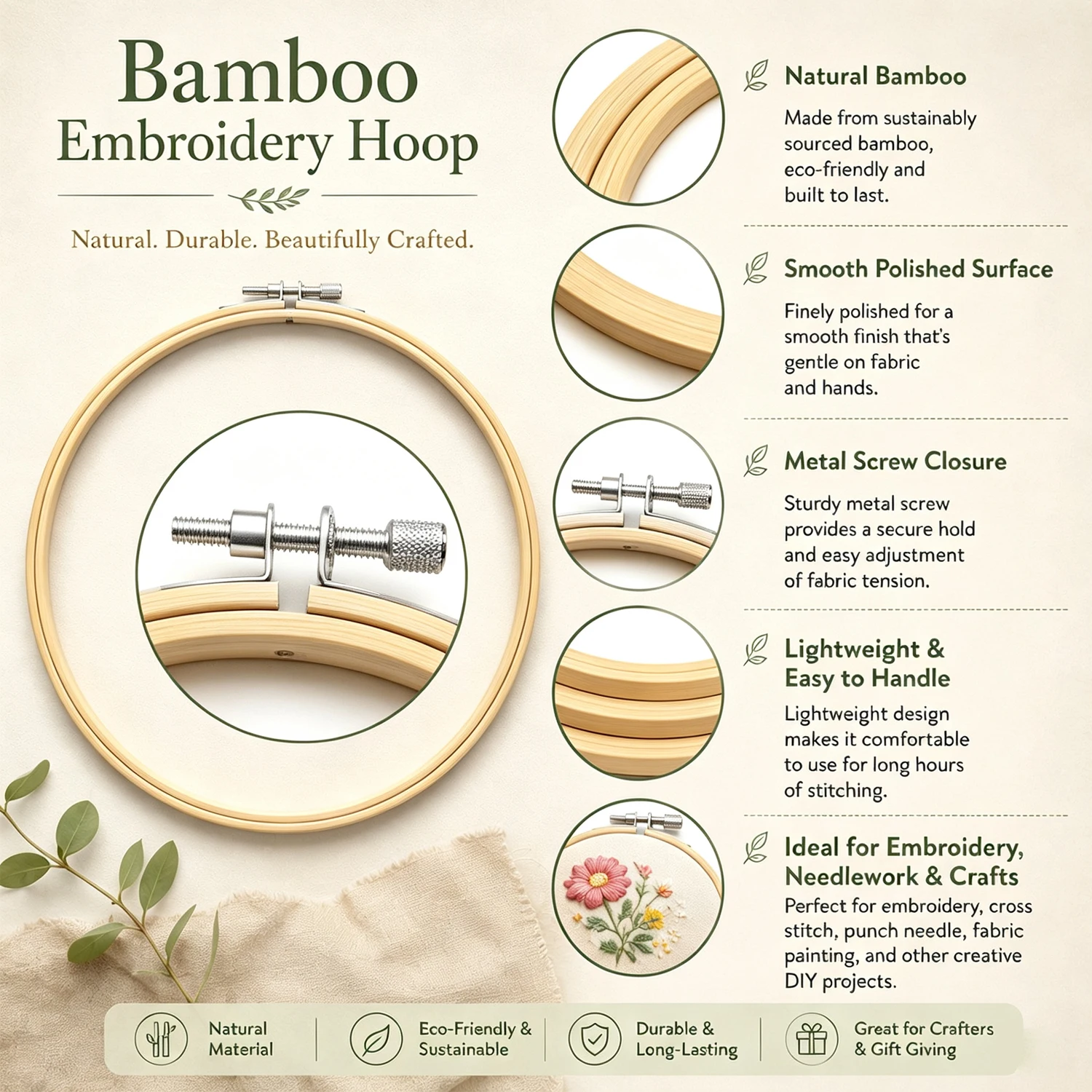 Multi‑Size 8‑36cm Natural Bamboo Embroidery Hoop Round Cross Stitch Frame DIY Hand Sewing Needlework Craft Tools - view 5