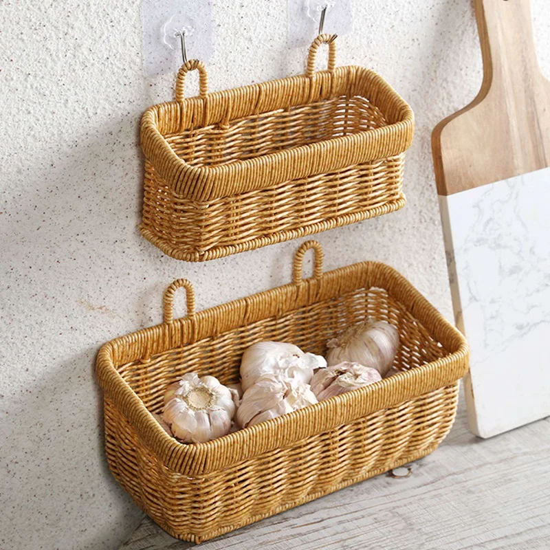 Rattan Storage Basket Wall Hanging Woven Sundries Picnic Basket Home Kitchen Fruit Vegetables Organizer Flower Plant Pot Baskets