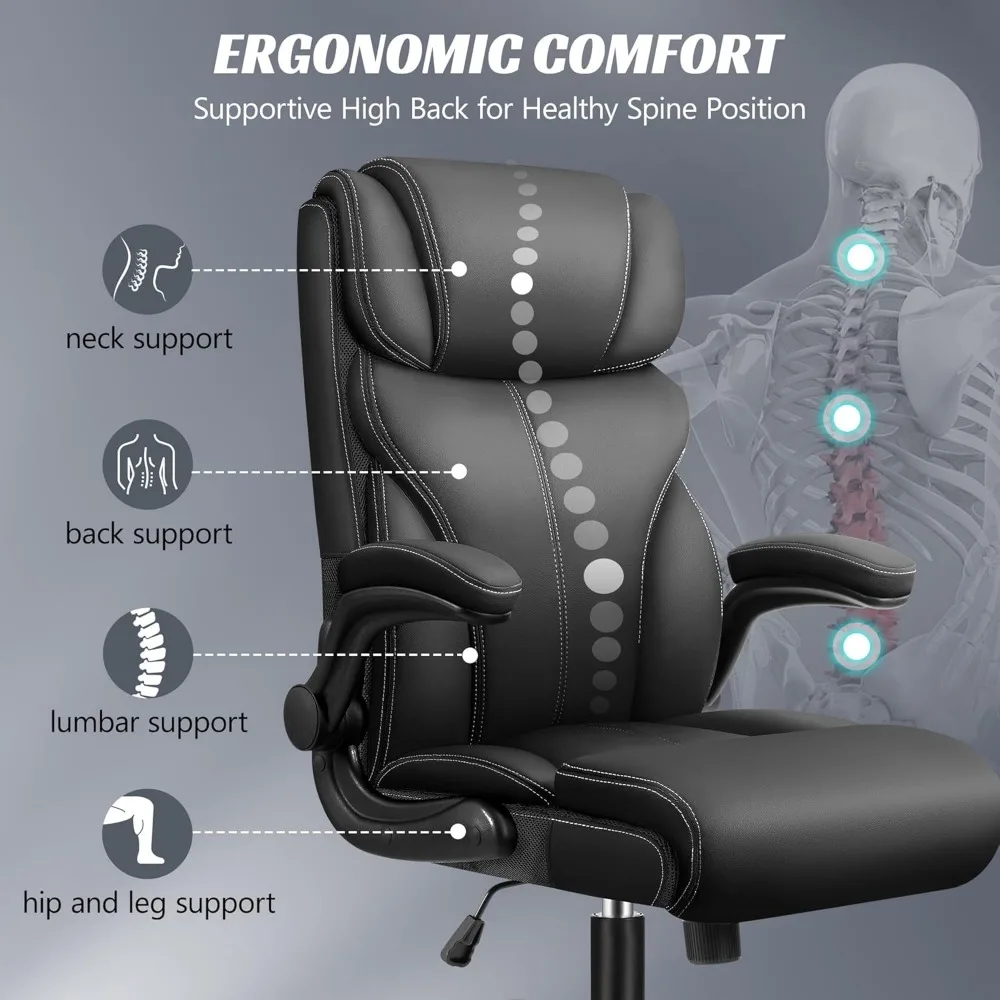 Ergonomic Big and Tall Computer Desk Chairs, Executive Breathable Leather Chair with Adjustable High Back Flip-up Armrests