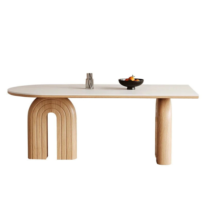 

Cream wind solid wood rock slab dining table and chair combination high-end small apartment household living room ash wood