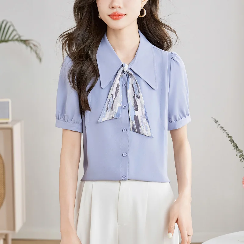 

Women Clothing Printed Bow Tie Chiffon Shirt Office Lady Summer New Loose Casual Commute Blouse Summer Solid Fashion Elegant Top