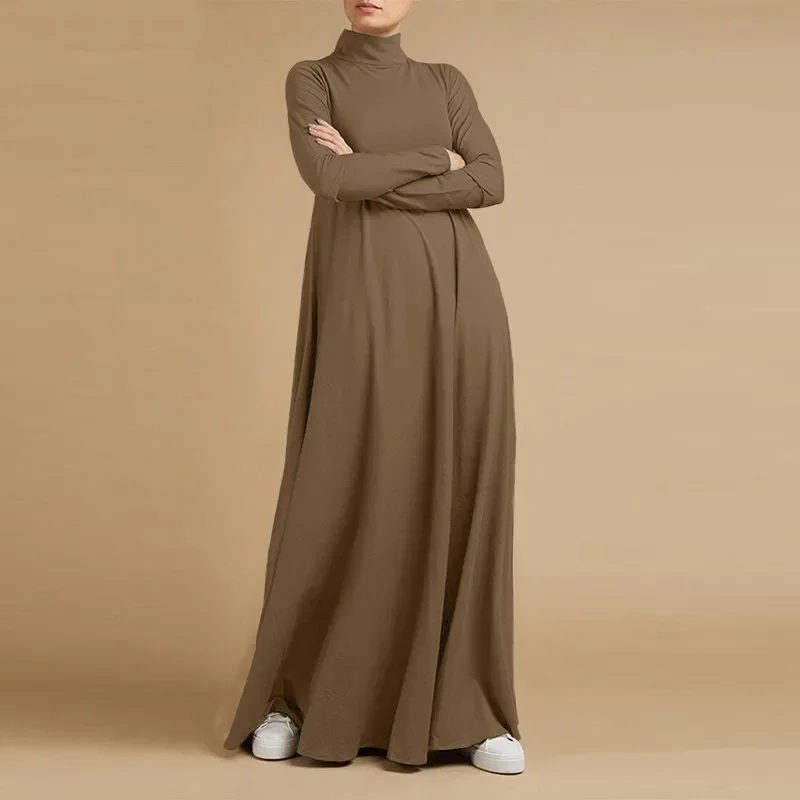 Abayas Muslim Dresses Women Clothing Long Sleeve Maxi Dress Elegant High Collar Loose Fit  A-line Frcok Solid Color Thin Outfits