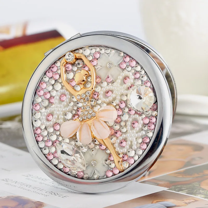 Exquisite Mini Folding Makeup Mirror Portable Wearable Embedded Diamonds Ballet Girl Style High-end Home Decoration Mirror