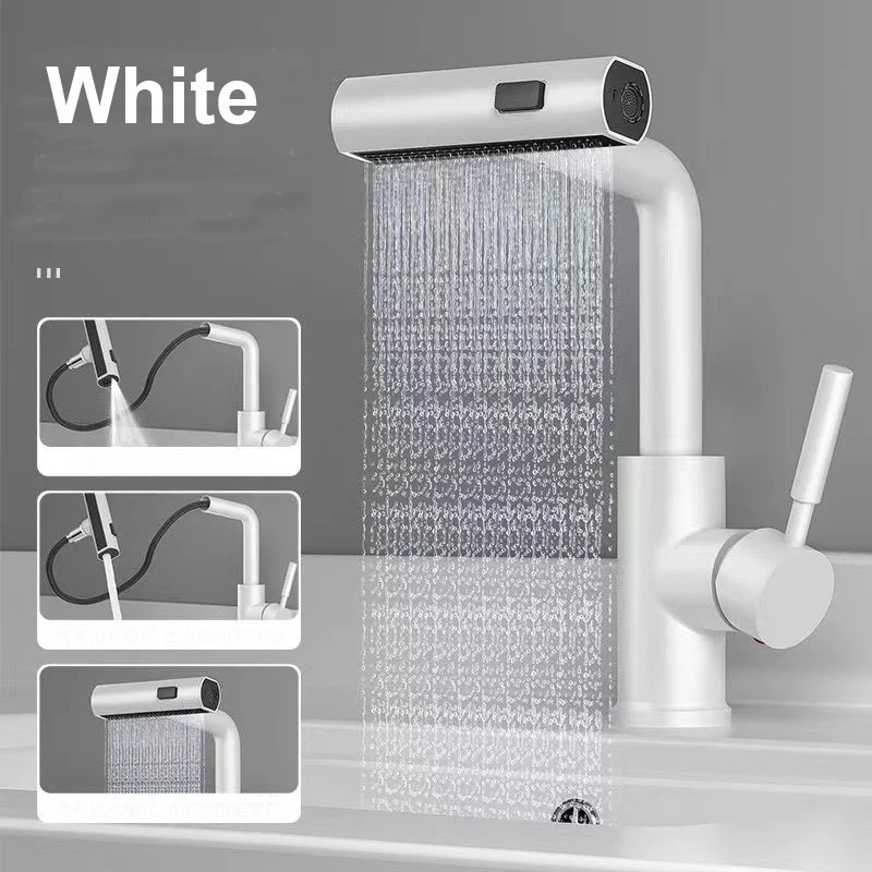 

White Bathroom Washbasin Faucet Sink Faucet Pull Out Waterfall Stream 3 Way Sprayer Hot Cold Water Sink Mixer Wash Tap